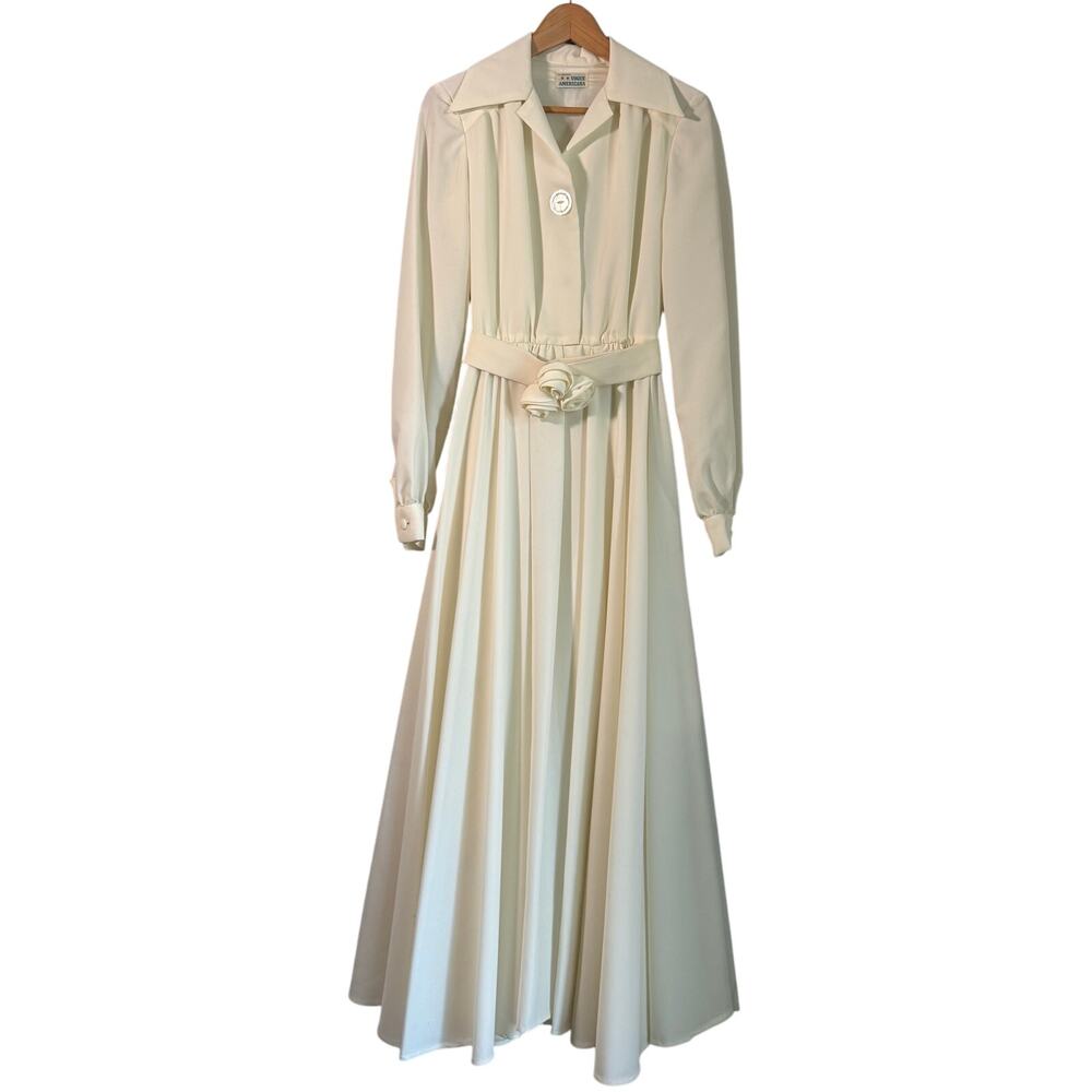 Vintage 70s Women's Small Maxi Dress Rosette Vogue Americana Cream Belted